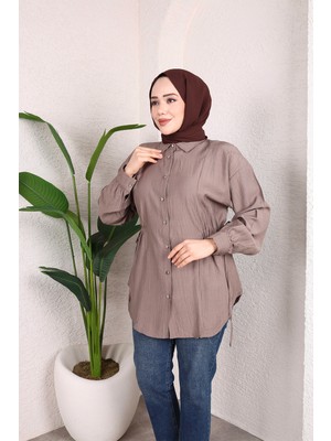 SFG Life Moda Kadın Önü Düğmeli ve Yan Bağcıklı Çilek Kumaş Tunik-Gömlek