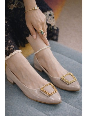 Slipcat Kadın Gold Aksesuarlı Şık Parlak Günlük  Babet