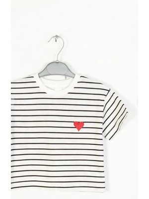 Queen Kids Kız Çocuk  Çizgili Kalp Detaylı Tişört Siyah