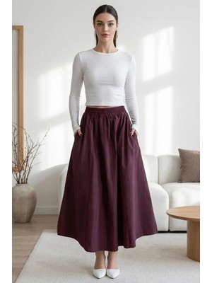 Madmext Mürdüm Beli Lastikli Midi Boy Kadın Etek MG2616