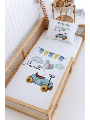 Lilabio %100 Pamuk Isme Özel Montessori Yatak Pike Seti 100X200 Mavi Araba