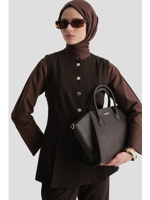 Armine Fitted Yelekli Takım Kahverengi