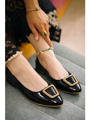 Slipcat Kadın Gold Aksesuarlı Şık Parlak Günlük  Babet