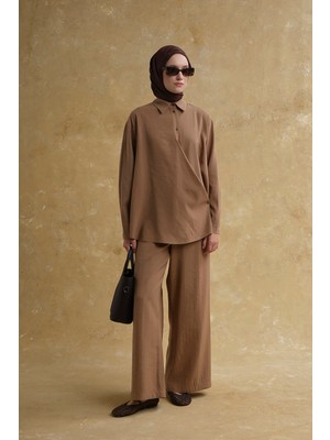 Armine Viskon Karışımlı Çizgili Takım Camel