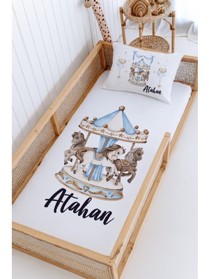 Lilabio %100 Pamuk Isme Özel Montessori Yatak Pike Seti 100X200 Mavi Atlı Karınca