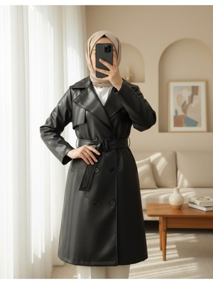 Modamorfo Önü Düğmeli Kemerli Astarlı Deri Pardesü -Siyah