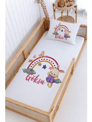 Lilabio %100 Pamuk Isme Özel Montessori Yatak Pike Seti 100X200 Gökkuşağı Tavşan