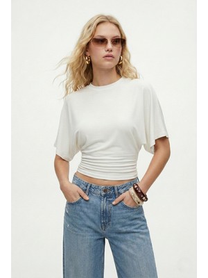 Ritnice Kadın Zoe Bele Oturan Bisiklet Yaka Kısa Kollu Ekru Örme Bluz