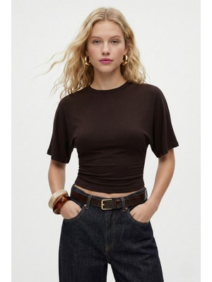 Ritnice Kadın Zoe Bele Oturan Bisiklet Yaka Kısa Kollu Kahverengi Örme Bluz