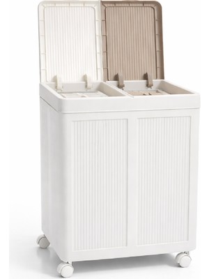 Follow Me Tekerli Çift Bölmeli Çamaşır Sepeti (Beyaz-Bej)