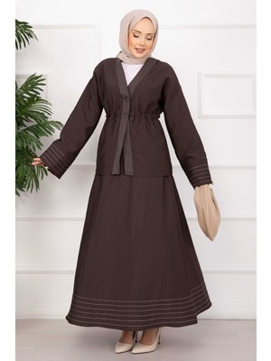 EFL Çizgi Garnili Ceket Etek Takım Kahve