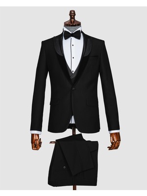 Echol Erkek Slim Fit Simli Çıkmayaka Yelekli Smokin &amp; Damatlık