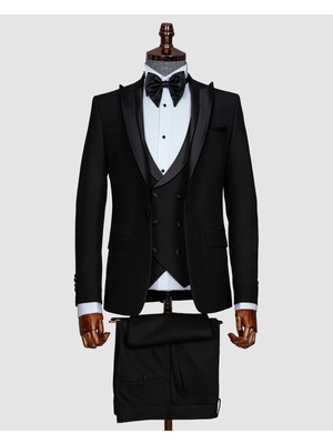 Echol Erkek Slim Fit Ince Kadife Çıkma Yaka Yelekli Smokin Damatlık