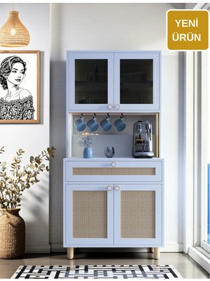 Ambiyans Kahve Köşesi Dolabı | LED Aydınlatmalı Dolap | Temperli Karartma Cam ve Jüt Kumaş Mdf Kapak