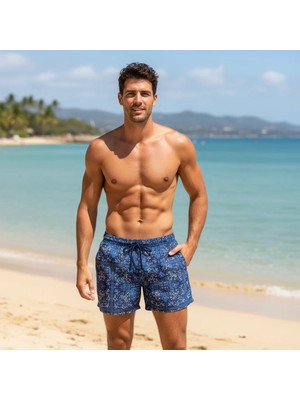 Bonbon Erkek Cepli ve Astarlı Deniz Şortu Mavi Desenli BB2364