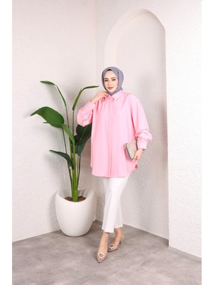SFG Life Moda Kadın Önü Düğmeli Düz Çilek Kumaş Tunik Gömlek
