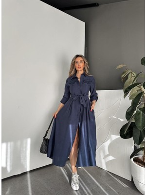 Magarde Fisto Cep Detaylı Elbise- Lacivert