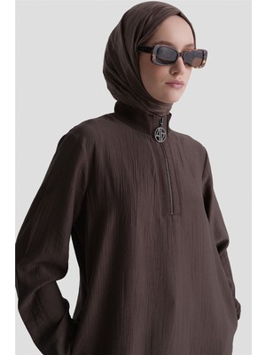 Armine Fermuarlu Uzun Tunik Kahverengi