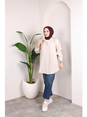 SFG Life Moda Kadın Önü Düğmeli Düz Çilek Kumaş Tunik Gömlek