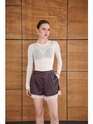 Cemo Kadın Puantiyeli Dantel Paça Detaylı Yüksek Bel Şort