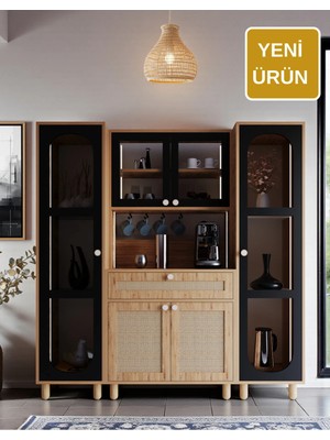 Ambiyans Kahve Köşesi Dolabı | LED Aydınlatmalı Dolap | Temperli Karartma Cam ve Jüt Kumaş Mdf Kapak