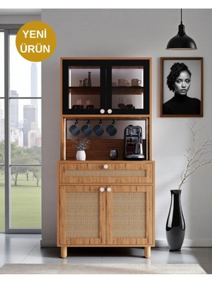 Ambiyans Kahve Köşesi Dolabı | LED Aydınlatmalı Dolap | Temperli Karartma Cam ve Jüt Kumaş Mdf Kapak