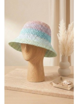 Mollycrush Kadın Mavi Geçişli Hasır Örgü Bucket - Bohem Stil Plaj ve Güneş Şapkası