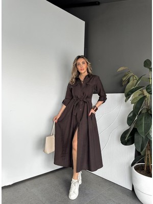 Magarde Fisto Cep Detaylı Elbise- Kahverengi