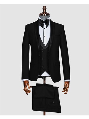 Echol Erkek Slim Fit Simli Kadife Çıkmayaka Yelekli Smokin &amp; Damatlık