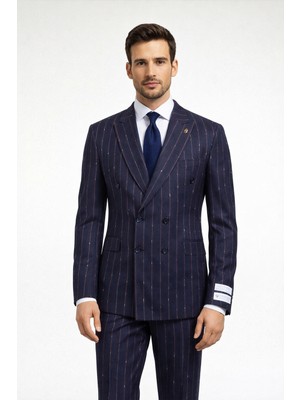 FABIO CASSEL Fabıo Cassel Lacivert Çizgili Kruvaze Erkek Takım Elbise Slim Fit