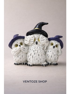Ventoze Dekoratif 3'lü Baykuş Ailesi Biblo Seti Görmedim Duymadım Işitmedim Bilge Baykuşlar Ofis Ev Hediyesi
