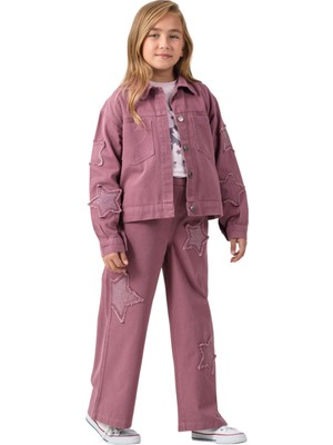 İrem Çocuk Giyim Kız Çocuk Yıldız Nakışlı Taş Detay Gabardin Ceket Pantolon Badi Gül Kurusu Renk Üçlü Bayramlık Takım