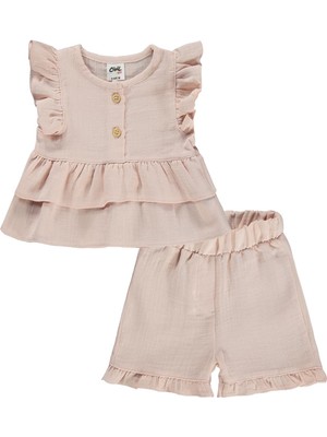 Civil Baby Düğmeli Düz 6-18 Ay Takım - Pudra 6-9 Ay