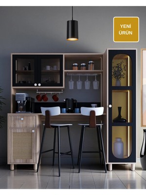 Ambiyans Bar Masası+Kahve Köşesi Dolabı | LED Aydınlatma | Temperli Cam ve Jüt Kumaş Mdf Kapak