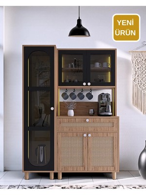 Ambiyans Kahve Köşesi Dolabı | LED Aydınlatmalı Dolap | Temperli Karartma Cam ve Jüt Kumaş Mdf Kapak