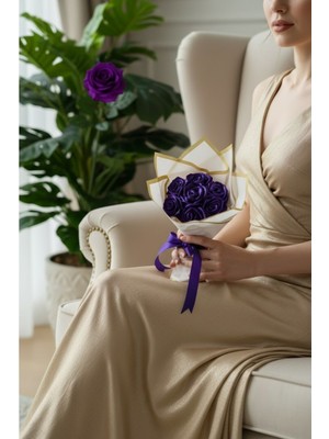 Axwell Mor Gül Buketi 7li Kurdeleden Hazırlanmış Solmaz Çiçek El Yapımı