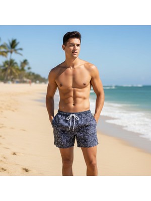 Bonbon Erkek Cepli ve Astarlı Deniz Şortu Siyah Desenli BB2366