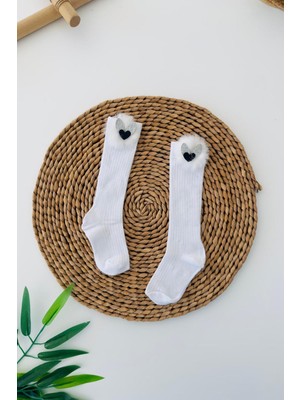 Miniğimin Cicileri Kalp Tüy Detaylı Kız Çocuk Diz Altı Çorap - Beyaz