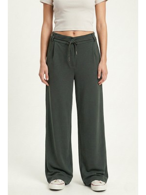 Ritnice Kadın Henri Kordon Kemerli Pileli Cepli Haki Eşofman Altı