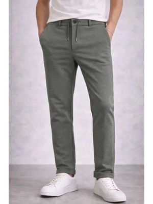 Modatıkla Erkek Diagonel Mikro Dokulu Duble Paça Cepli Pantolon Bağcıklı Bel, Modern Kesim - Haki