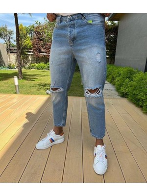 Modatıkla Erkek Buz Mavi Boyfriend Yırtık Detaylı Jean