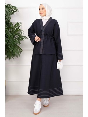 EFL Çizgi Garnili Ceket Etek Takım Lacivert