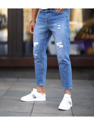 Modatıkla Erkek Mavi Yırtık Detaylı Boyfriend Jean