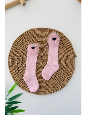 Miniğimin Cicileri Kalp Tüy Detaylı Kız Çocuk Diz Altı Çorap - Pembe