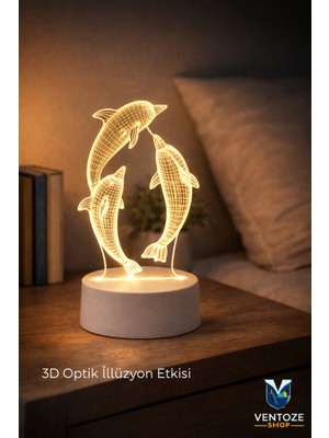 Ventoze Yunus Tasarımlı 3D LED Gece Lambası | Dekoratif Çocuk Odası Lambası USB Bağlantılı Aydınlatma
