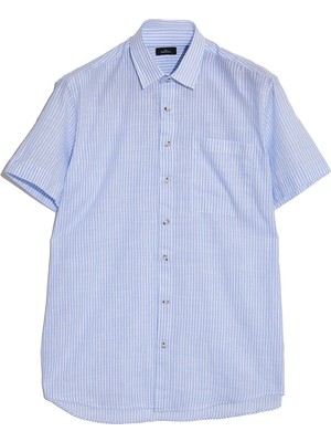 Tudors Erkek Regular Fit Klasik Kesim %100 Pamuk Keten Doku Tek Cepli Çizgili Kısa Kollu mavi Gömlek