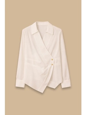 Seçil Kadın Pile Detaylı Kruvaze Gömlek - Beyaz