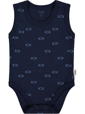 Civil Baby Civil Bebek Çıtçıtlı Badi Lacivert Balık Desenli Süprem Kumaş 9-12 Ay Sıfır Kol Özellikli