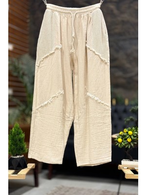 Sahnemoda Cep File Detaylı Püsküllü Bol Paça Keten Pantolon