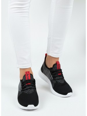 Homiro Bağcıklı Triko Unisex Spor Ayakkabı-Siyah Beyaz Kırmızı